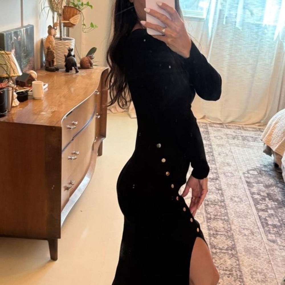 BCX Women Black Ribbed Knit Square Neck Side Slit Button Midi Dress Small
